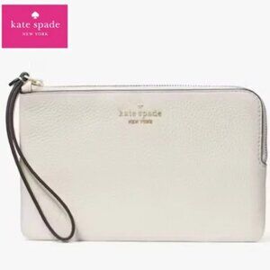Kate Spade Leila Medium L-Zip Wristlet Pebbled Leather White Cream Parchment NWT